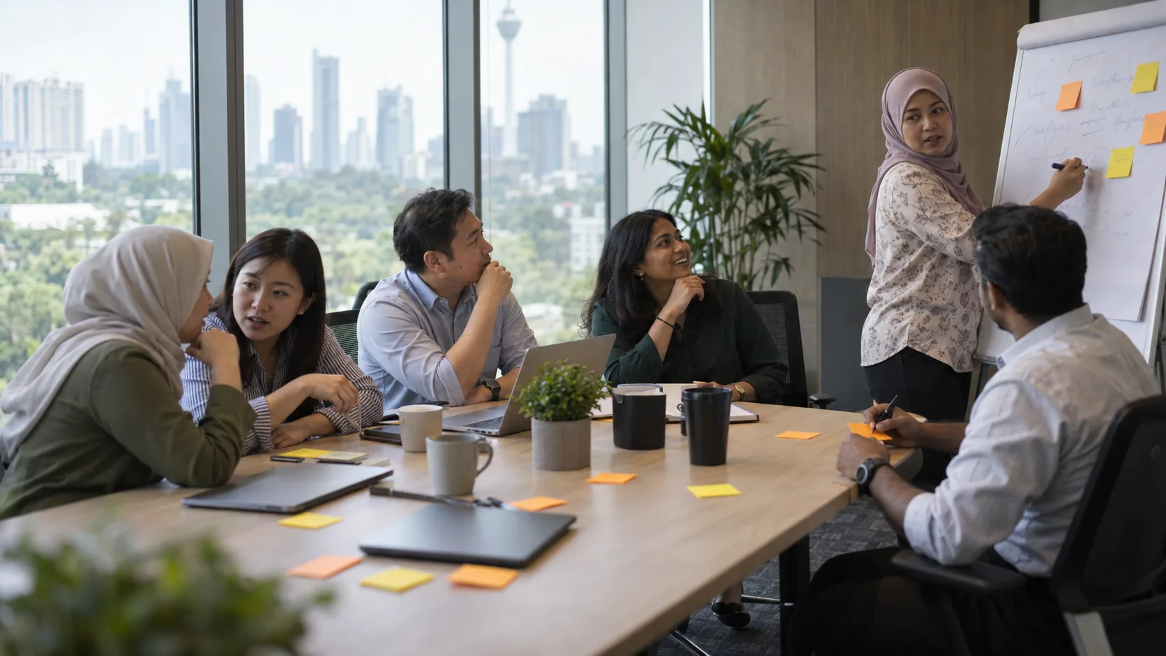 A team in discussion around a meeting table, one colleague writing on a flip chart